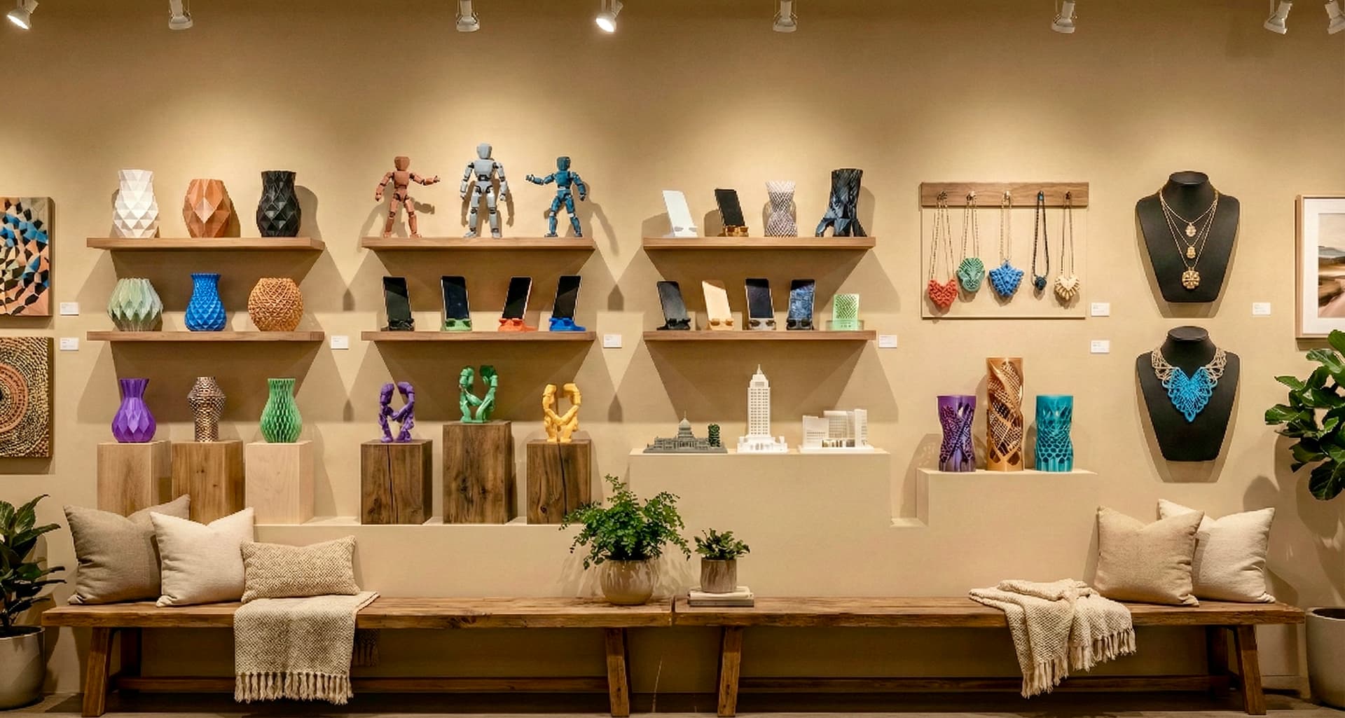 Display shelf showcasing a collection of 3D printed art and models